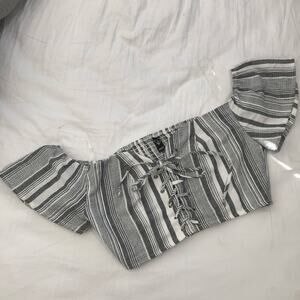 Windsor Striped Lace Up Crop Top Bell Sleeve Large